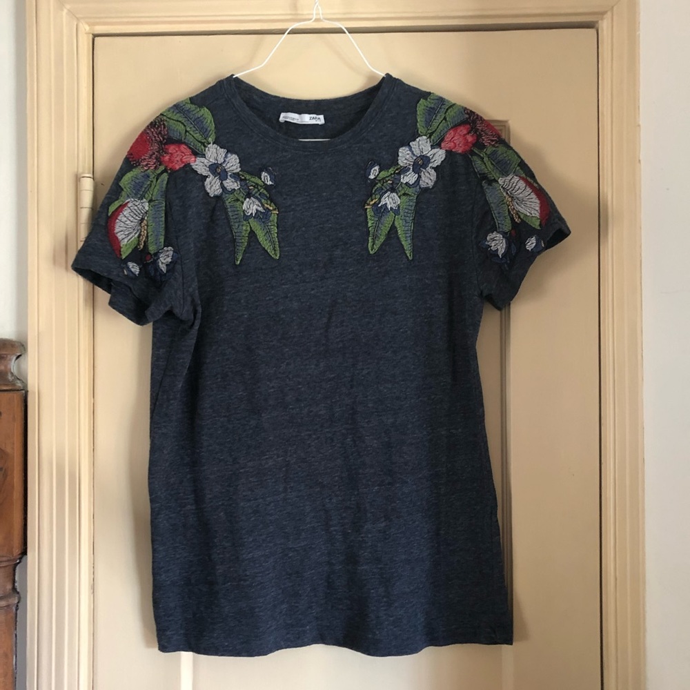 Zara embroidered floral cotton t-shirt